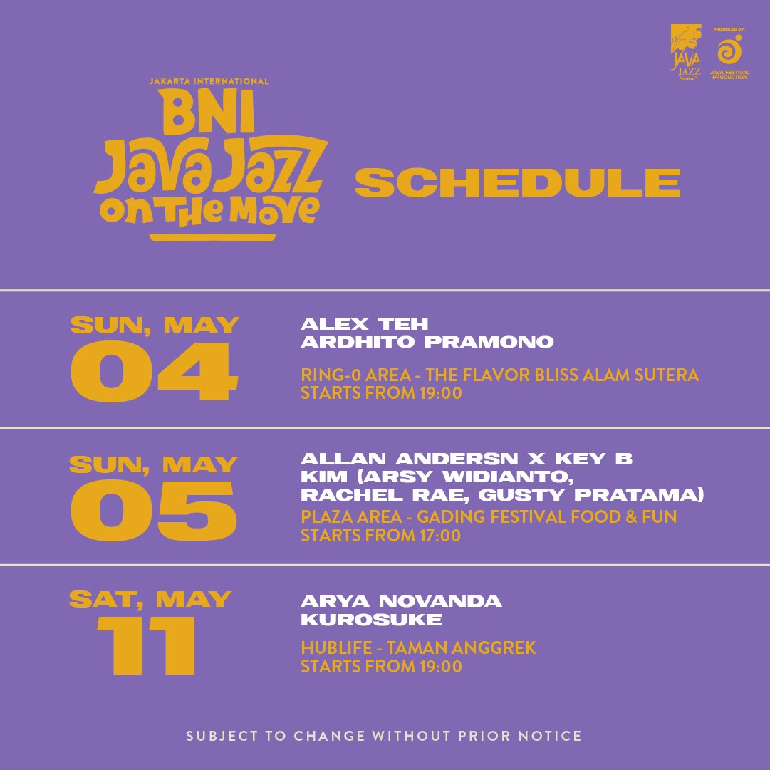 NEWS FLASH! The updated BNI Java Jazz On The Move schedule is here! Be sure to check it out and get your BNI Java Jazz Festival 2024 tickets at special prices!