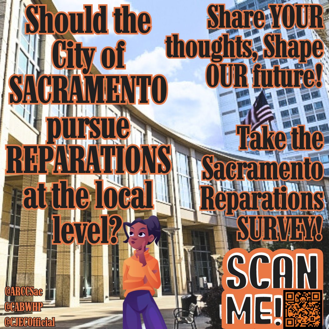 AmericanRedress's tweet photo. Cities across California are pursuing Reparations for Black Californians! So, should the City of SACRAMENTO pursue reparations at the local level? Share YOUR thoughts in our brief survey and shape OUR future! Visit https://t.co/OtPAzg1Vmh TODAY! #sacreparations #sacramento https://t.co/vgYsTbZjSu
