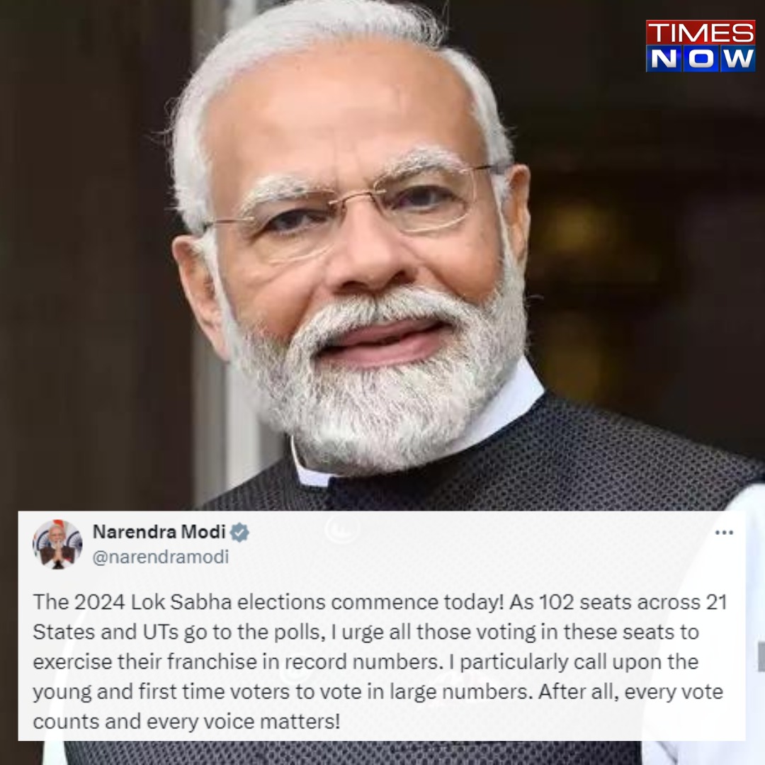 '...I particularly call upon the young and first time voters to vote in large numbers. After all, every vote counts and every voice matters,' tweets PM @narendramodi.

#LokSabhaPolls2024 #ElectionsWithTimesNow #June4WithTimesNow #FirstPhasePolling