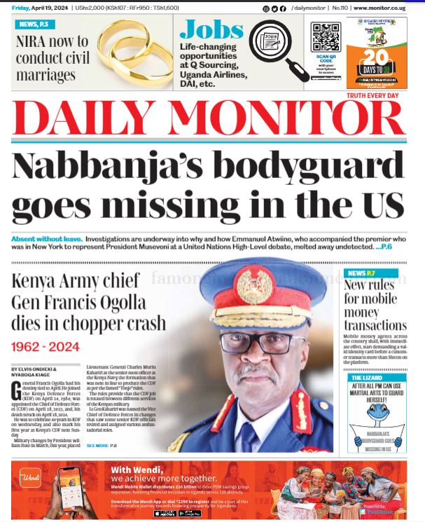 The Daily Monitor this Friday. . Get details of these and other latest news all-round. The e-copy is accessible via bit.ly/3xExYDD?utm_me… #MonitorUpdates