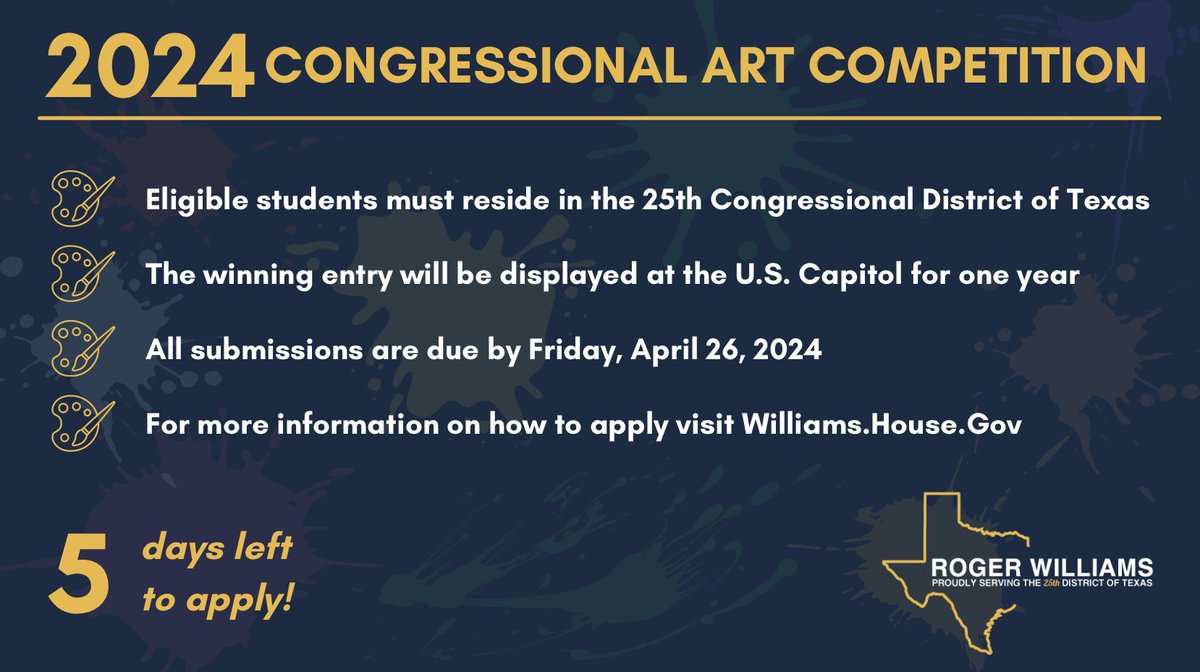 🚨 #TX25 students… Reminder that submissions for the 2024 Congressional Art Competition are due April 26th! See details below ⬇️