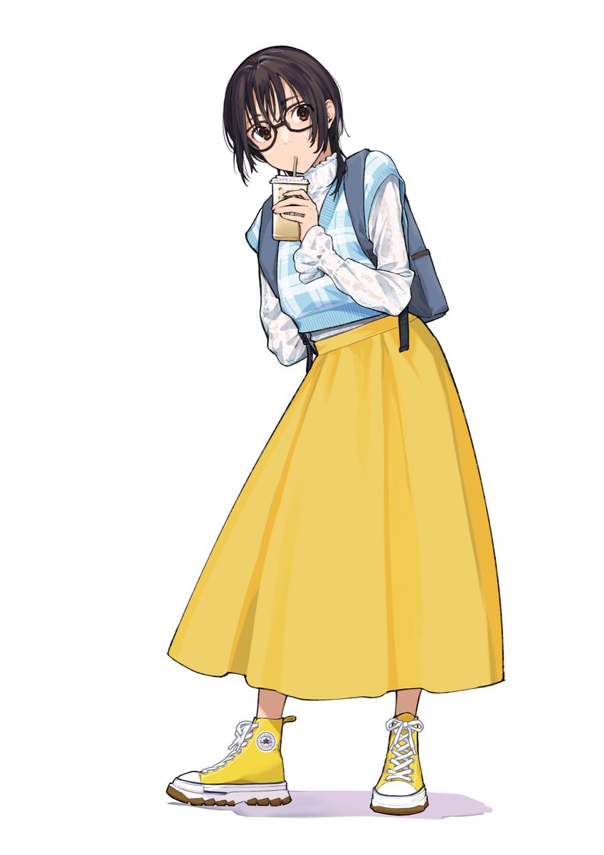 1girl solo looking at viewer short hair simple background shirt skirt  illustration images