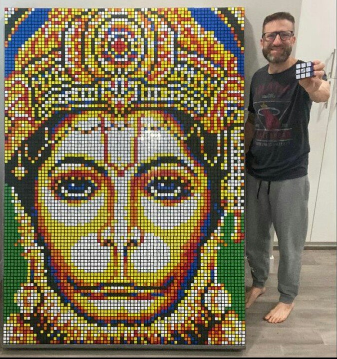 Mosiac portrait of Bhagwan Hanuman made up by Rubik cubes by an american artist