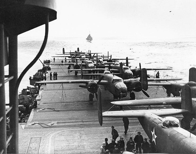 TammiMinoski's tweet photo. #OTD 1942: Lt. Col. James #JimmyDoolittle led 16 American B-25 bombers launched from the USS Hornet in an air raid against mainland Japan. The bombers flew 668 miles to the Japanese capital of Tokyo, which was the target. #MilitaryHistory  #DoolittleRaid https://t.co/xoGB1MxLBn