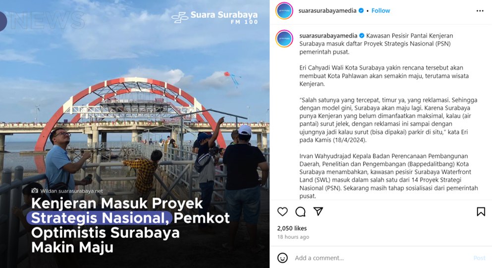 Mohon ijin infonya saya perjelas @e100ss ... Yg masuk PSN itu SWL (Surabaya Waterfront Land), proyek reklamasi di pamurbaya, berspasi sekitar 200-300 meter dari garis pantai, renc seluas 1000ha, bukan di area Kenjeran seperti di foto itu. Mudah2an clear.