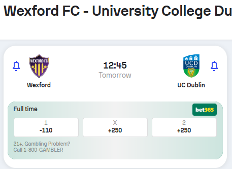 Wexford FC v UC Dublin 🇮🇪

⚽️ BTTS -110

Oh, how I miss UCD in Irish Premier if ya know ya know. They are fairing better in  First Div, currently sitting in 3rd place. I was surprised to see this line, given the stats and H2H history. Combined these teams are hitting BTTS at an