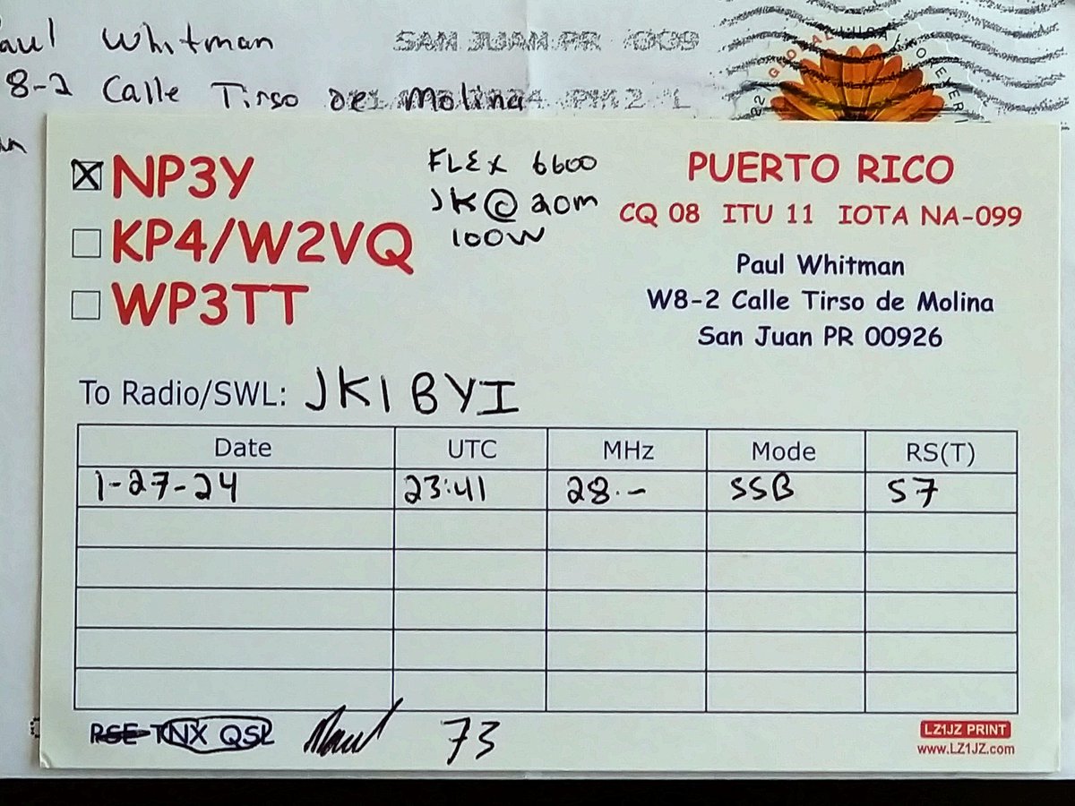 QSLカード弾着 NP3Y プエルトリコ🤩
28MHz/SSB プエルトリコは初交信でした🎵
Paulさんありがとう💓