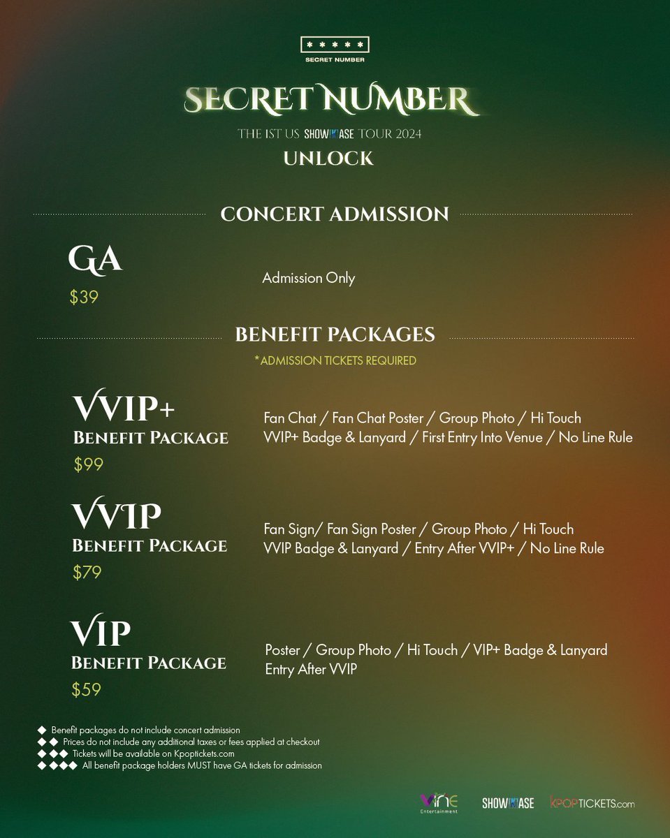 #LOCKEY We have something that you would love to hear! ✨TICKET PRICES & BENEFITS✨

Please note that the benefit packages DOES NOT include concert admission, so you HAVE to purchase the GA ticket to also participate in the benefits😊!