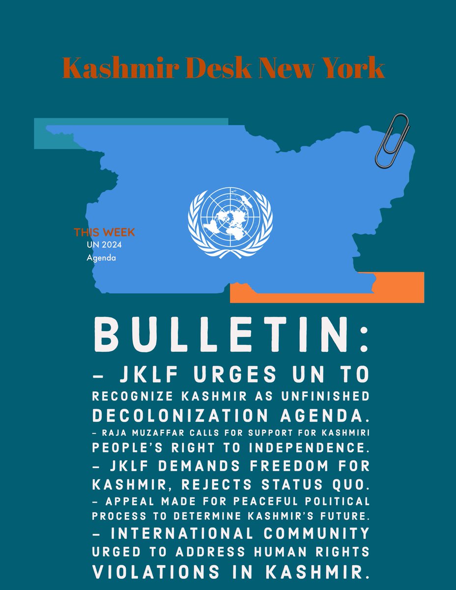 JKLF urges UN to recognize Kashmir as unfinished decolonization agenda. - Raja Muzaffar calls for support for Kashmiri people's right to independence. - JKLF demands freedom for Kashmir, rejects status quo. - Appeal made for peaceful political process to determine Kashmir's