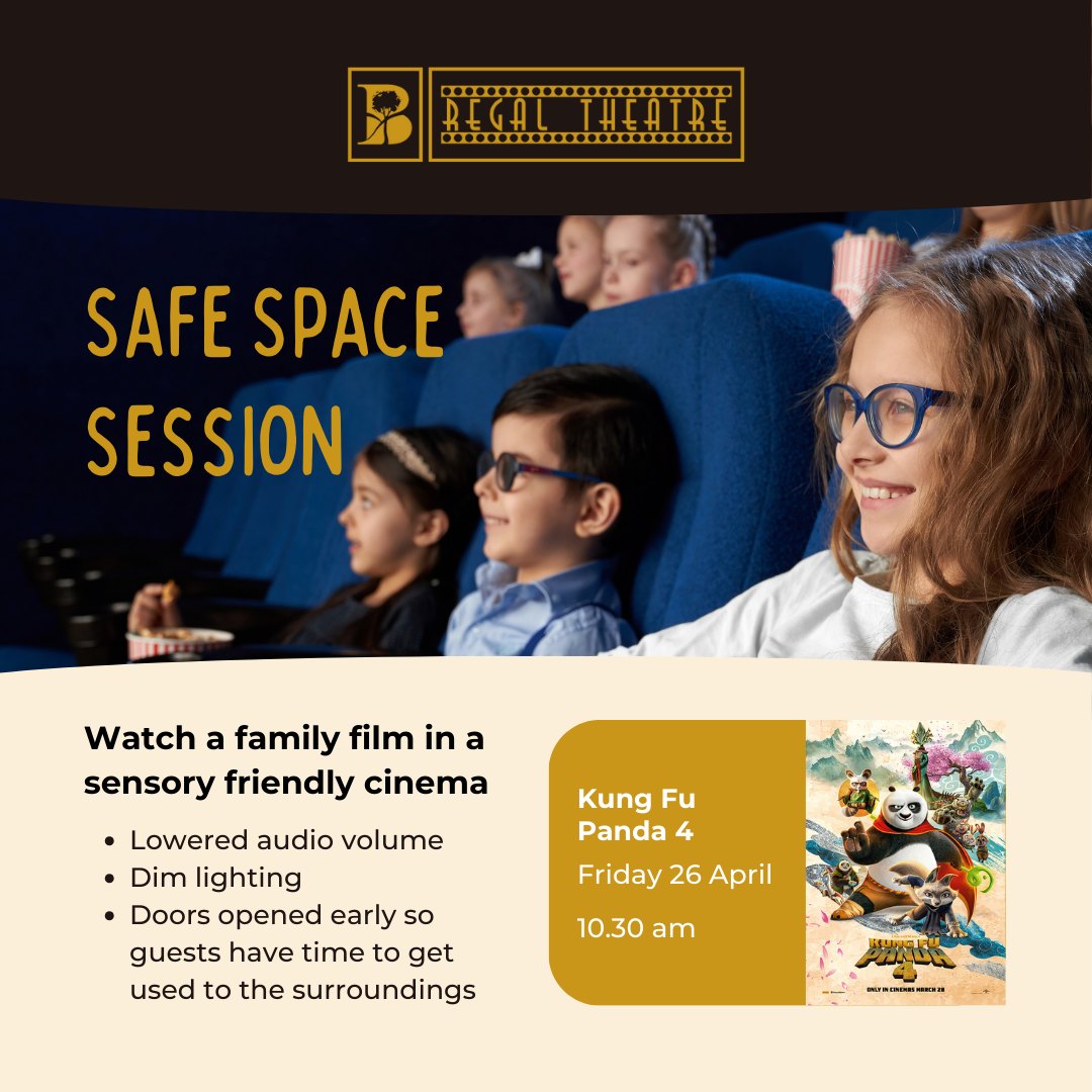 We're excited to introduce brand new Safe Space Sessions to The Regal Theatre, with our first session kicking off this Friday 26 April at 10.30 am with a screening of Kung Fu Panda 4! Get your tickets now at theregaltheatre.com.au/discography/ku…