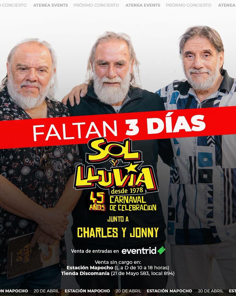 Los esperamos este Sábado 20 de Abril en un concierto 🎶 histórico.
Abrazos 
Entradas en venta 
eventrid.cl/sol-y-lluvia/?…