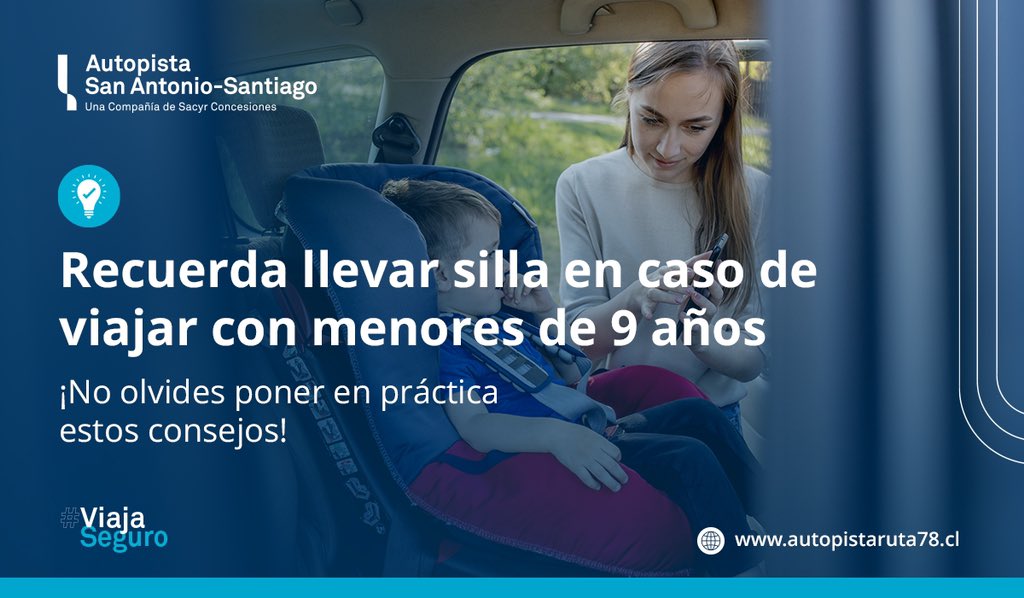 Viajar seguros es un compromiso que empieza desde casa. No olvides llevar la silla para el auto si viajas con menores de 9 años, tal como lo establece la ley en Chile. Proteger a los más pequeños en cada trayecto es fundamental. #Ruta78