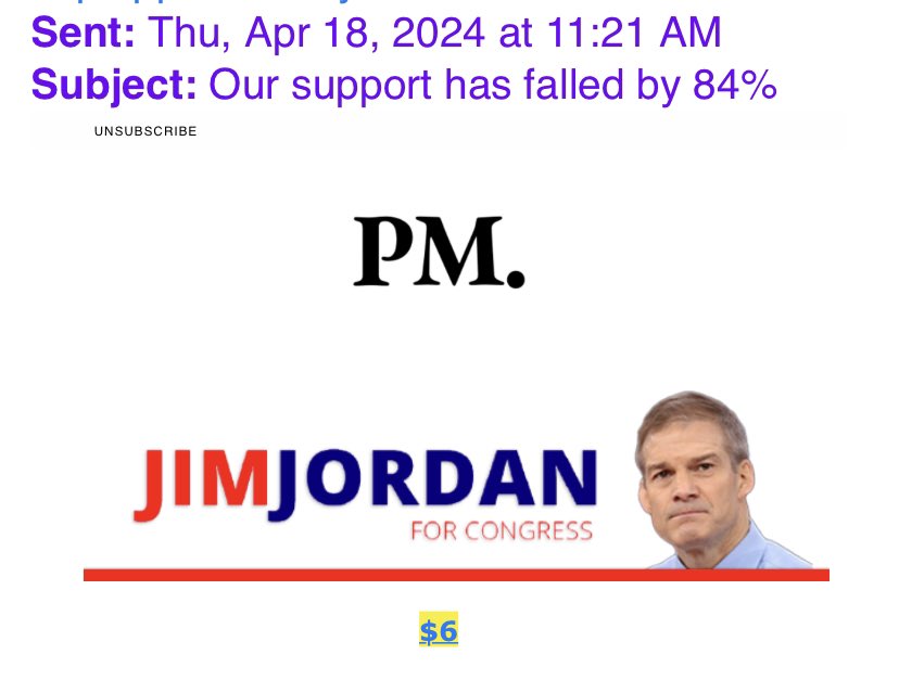 Someone forwarded the email Jim sent out today. His support has fallen 84%! 😅 See! I told you. The pathway to victory is clear for me.😊 If you love this as much as I do, please like, drop a 💙, and share if you’d like to see me replace Jim Jordan in November.