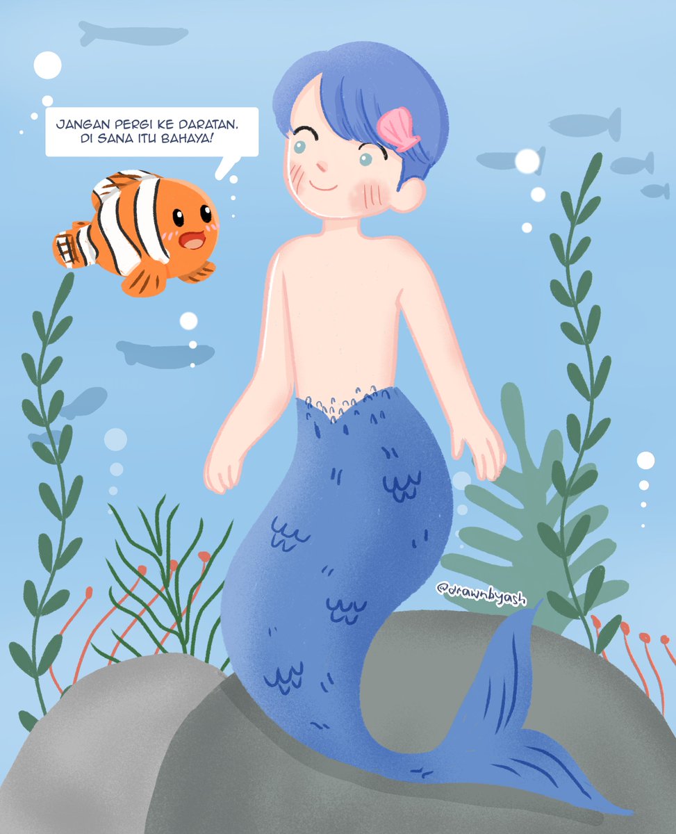 Biru si Putra Duyung, sangat penasaran dan ingin sekali melihat daratan. Tapi Jingga, temannya melarangnya. 

#ocart #oc #storytelling #childrenillustration #birusimerman