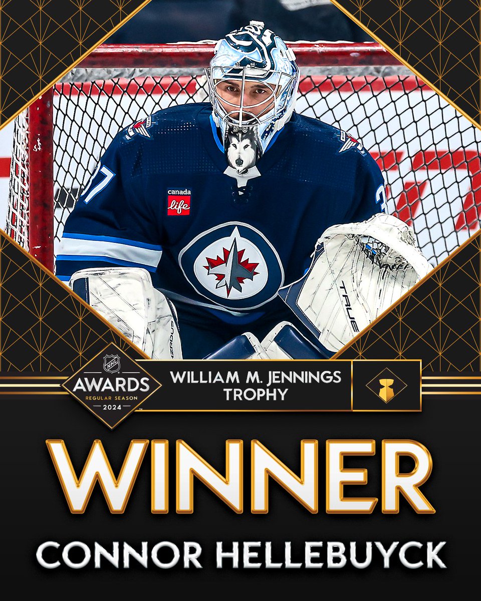Connor Hellebuyck has secured the first William M. Jennings Trophy for the <a href="/NHLJets/">Winnipeg Jets</a>! 🛩️

This trophy is awarded to the goalie(s) (min. 25 games played) for the team with the fewest goals against during the regular season. #NHLAwards