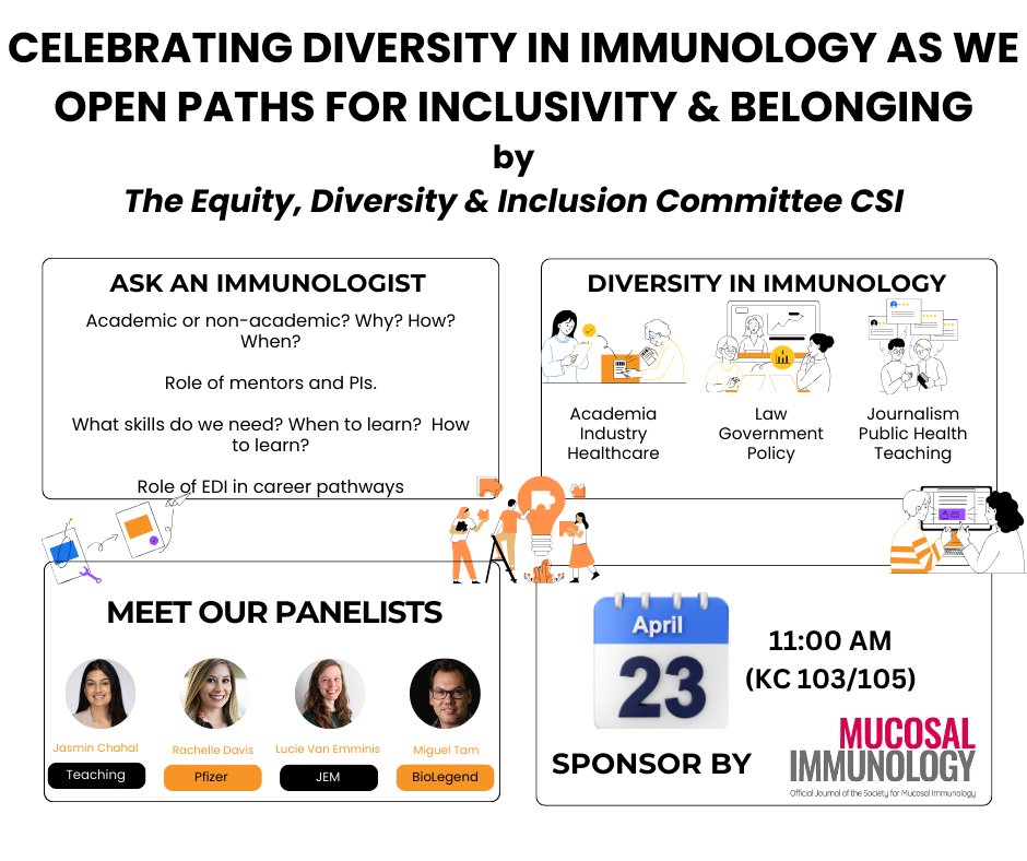 Join our discussion on 'Diverse Immunology Career Opportunities' at #CSI2024. 📢Calling all the trainees 👉🏾Ask questions during our interactive #EDI Session. 📢Inviting PIs 👉🏾Find #resources to mentor your trainee for a diverse career path 📢Learn from👉🏾@JEM @BioLegend @pfizer