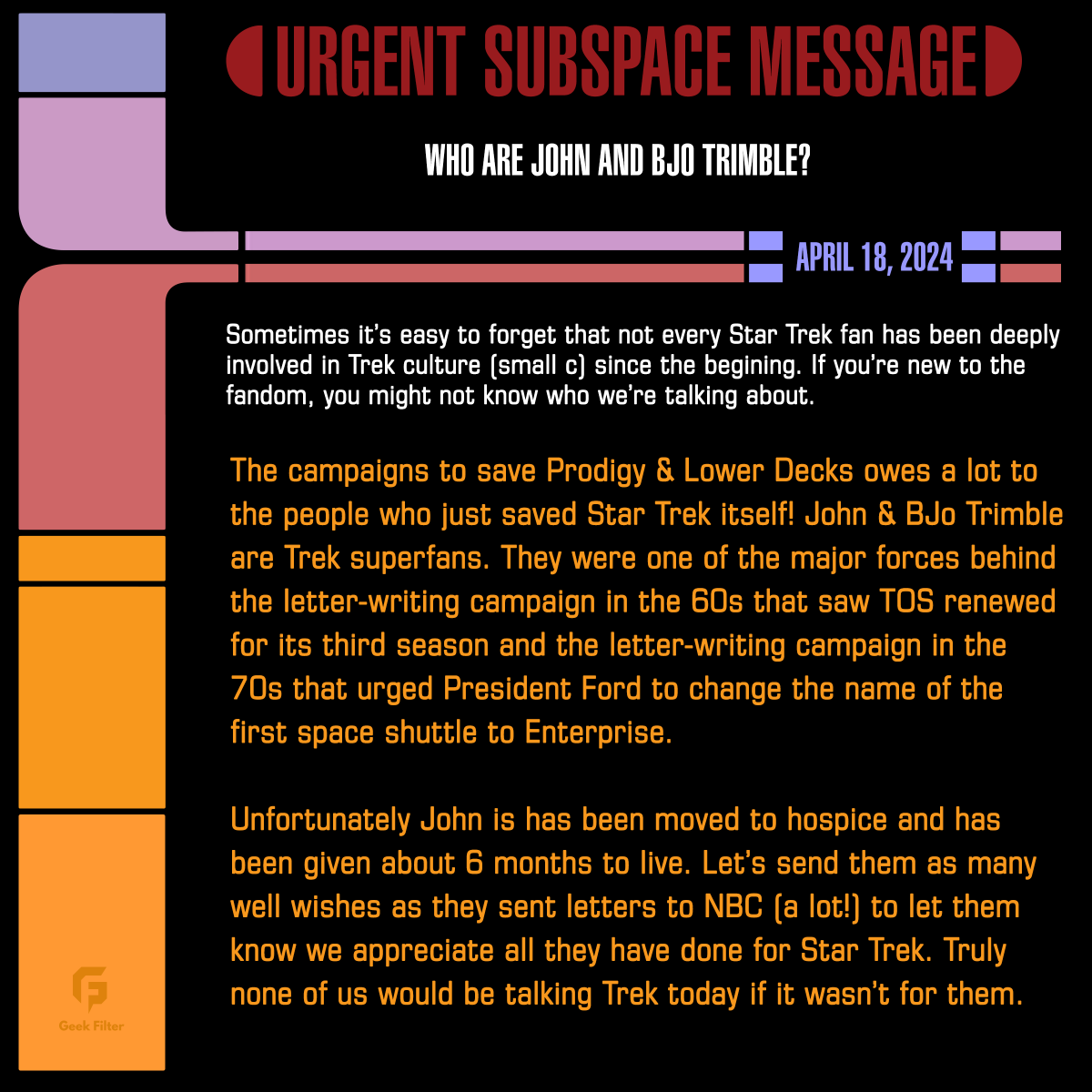 #StarTrek luminaries John & Bjo Trimble need our support. They helped TOS get a 3rd season by heading a massive letter writing campaign! They are the model for fans taking action. Sadly John is gravely ill and they could use some well wishes. Let's tell them what they mean to us!