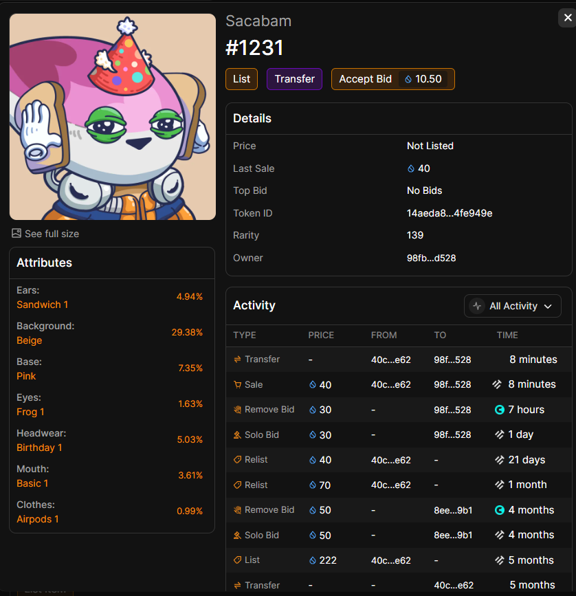 xPickless's tweet photo. I sniped it by 40 $Sui , i cant wait to accept bid  @sacabamfun
Sacabam #1231 top 10% 🐟
Average sale price of NFTs rarity tier : 116.9837 $SUI #Tradefest https://t.co/gZIHtZolak