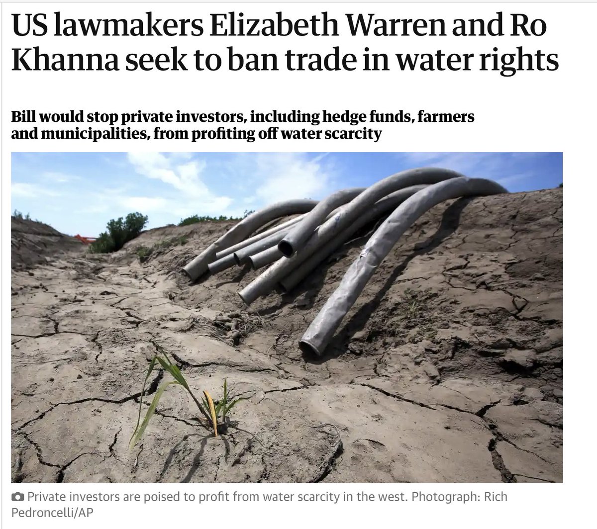 It's better for water to be owned privately. 

Owners are incentivized to protect it and profit from it. Paying for water make users reduce waste.

Government ownership only politicizes water. @RoKhanna 

theguardian.com/environment/20…