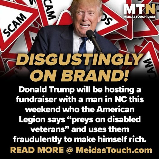 Donald Trump is holding a fundraiser in North Carolina with Scott Greenblatt, the CEO of Veterans Guardian An American Legion article accuses Greenblatt of “preying on disabled veterans” and described his operation as a “pack of vultures” that is “getting rich off of our veterans