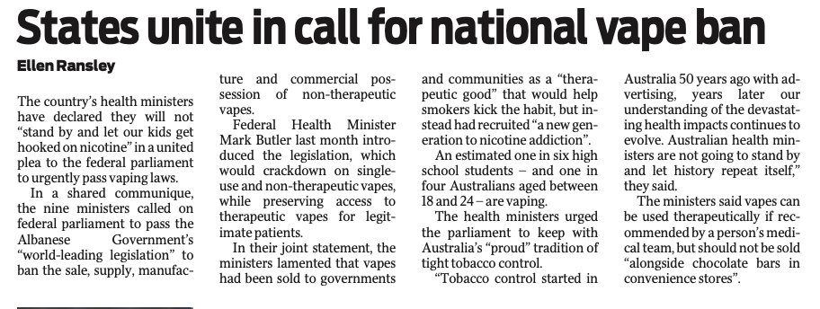 All nine Australian health ministers united on @Mark_Butler_MP's vaping bill.
