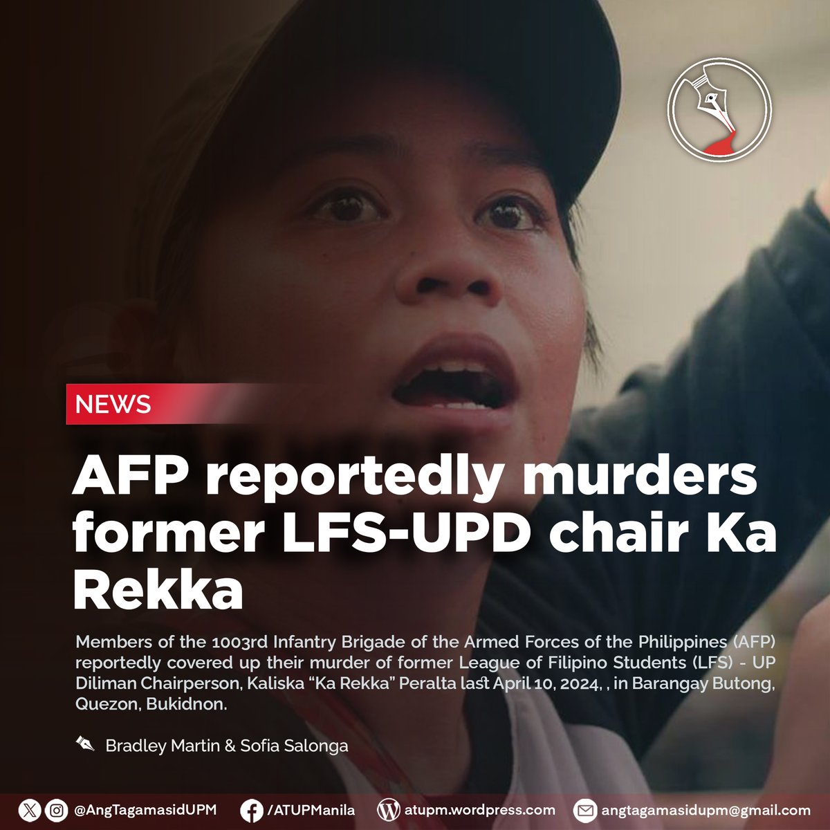 AngTagamasidUPM's tweet photo. Members of the 1003rd Infantry Brigade of the Armed Forces of the Philippines (AFP) reportedly covered up their murder of former LFS - UP Diliman Chairperson, Kaliska “Ka Rekka” Peralta last April 10, 2024.
READ: https://t.co/6TYhTO6fRe
#JusticeforKal https://t.co/shjFRBoIMt