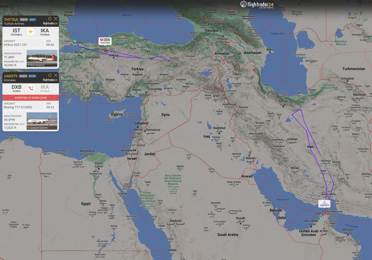 With reports that Israel has struck targets within Iran, airports in Tehran, Shiraz, & Isfahan are NOTAM’d closed until 0700 UTC (subject to extension). Flights have also been cleared from the western half of Iran. Some flights currently returning to origin.