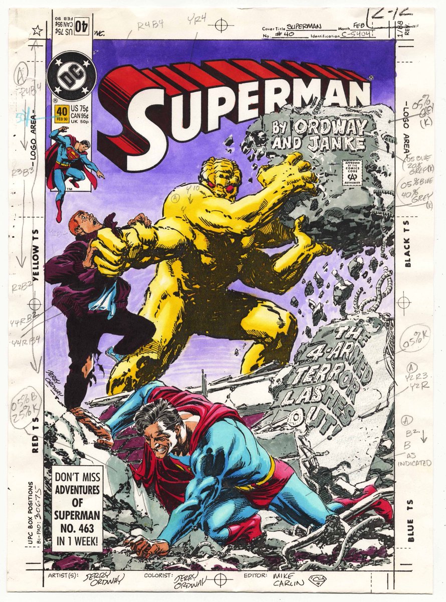 Happy Superman day! Here’s another color guide I painted, for my cover to Superman 40 in 1990. Production dept. photocopied the art at print size, onto a decent paper that could handle watercolor without shredding. Featuring Jack Kirby’s Four-Armed Terror!