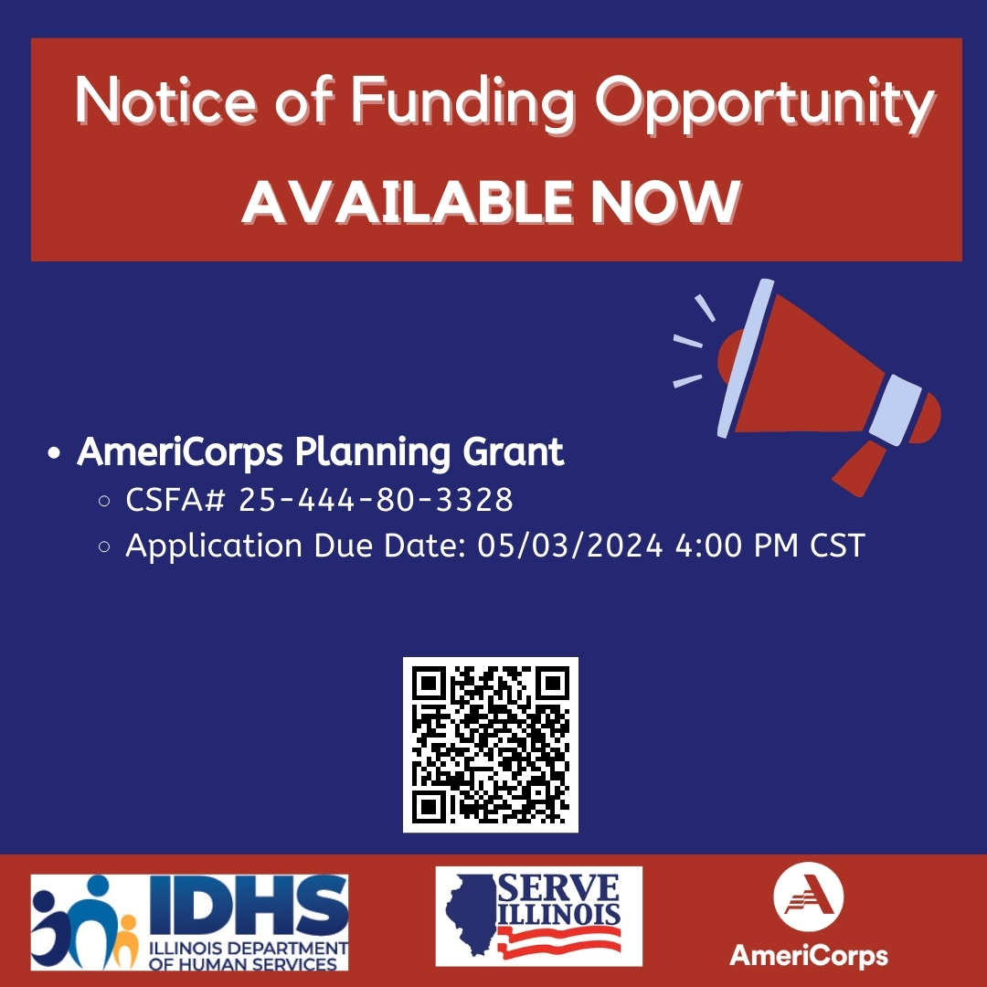 Notice of Funding Opportunity Available! Scan the QR code below, or head to serve.illinois.gov/funding-opport… learn more. Applications close 05/03/2024 at 4:00 PM Central Time #IDHSServeIllinoisNOFO #ServeILFunding #SupportingIllinoisCommunities
