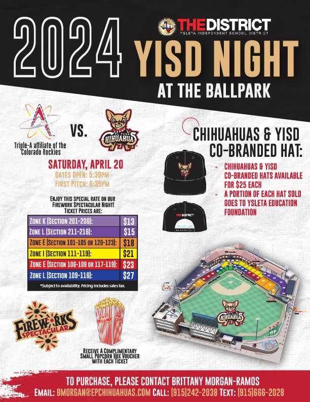 ⚾ Join us for YISD Night at the Ballpark on Saturday, April 20 to watch the EP Chihuahuas take on the Albuquerque Isotopes! For tickets & pricing, as well as the chance to buy a special YISD/Chihuahuas baseball cap, click fevo-enterprise.com/event/Yisdthed… @epchihuahuas