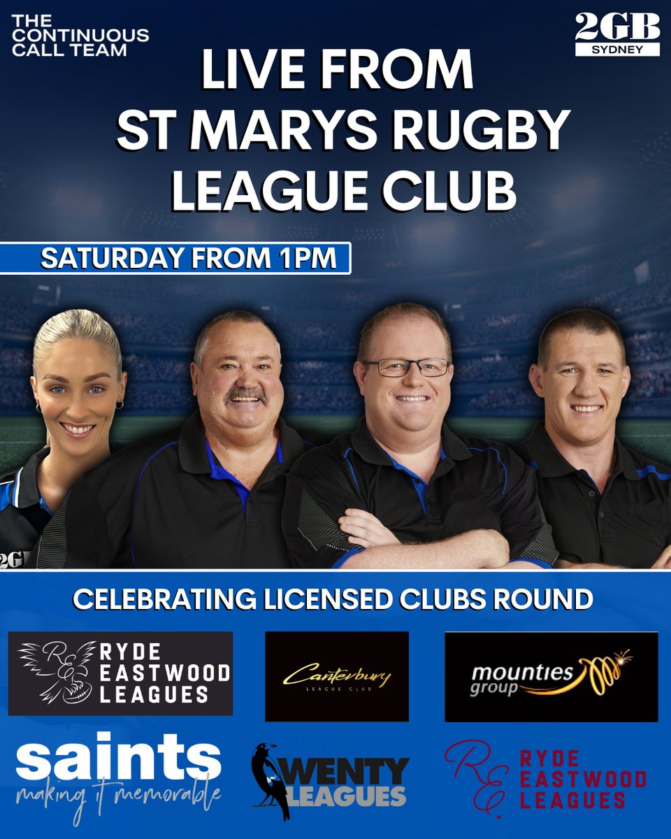 TOMORROW: Come say G'day to the @ContinuousCall! 👋 We'll be LIVE from St Marys Rugby League Club for an epic Saturday of footy! @marklevy2gb @therealbigmarn @Allanaferguson_ @PaulGallen13