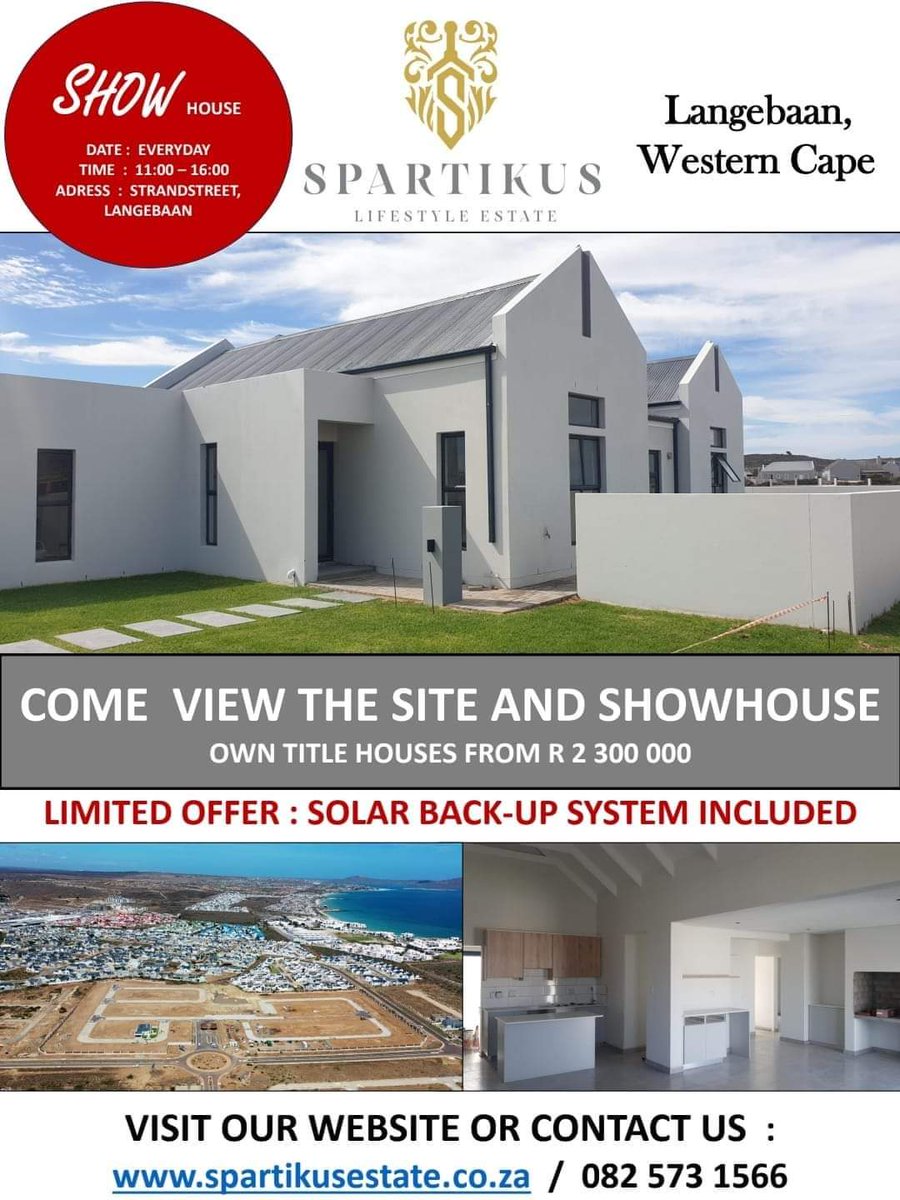 Referral Vicus van der Merwe contact 0825731566 for more information

EXCLUSIVE PROPERTY INVESTMENT
Spartikus Lifestyle Estate, Langebaan.
Experience the beauty of the West Coast and move in at the end of 2024.