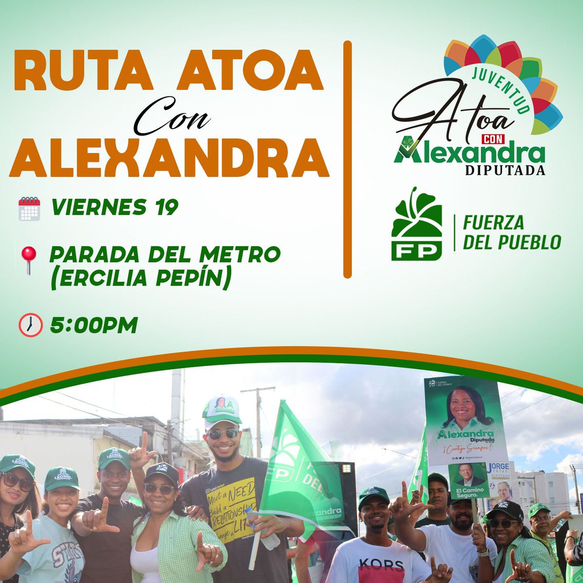 ¡Ven y acompáñanos a la 'Ruta Atoa con Alexandra'! 🗓️ Viernes 19 📍 Parada del metro: Ercilia Pepín 🕒 5:00PM ¡No te lo pierdas!