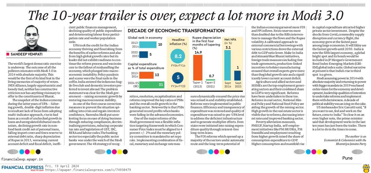 In today's Financial Express: The 10-year trailer is over, expect a lot more in Modi 3.0. Do read and kindly share your thoughts.