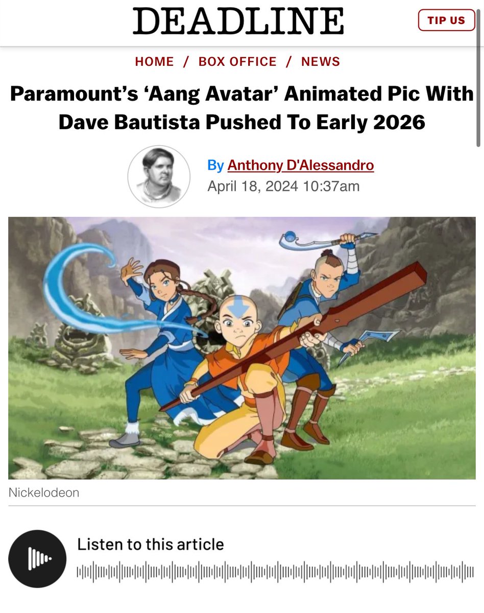 Paramount’s ‘Aang Avatar’ Animated Pic With Dave Bautista Pushed To Early 2026
I'm so excited to see how the epic story of Paramount’s ‘Aang Avatar’ Animated Pic unfolds.
#avatarthelastairbender #avataraang 
#avatarsokka #avatarkatara #avatarzuko #paramountpictures #nickelodeon
