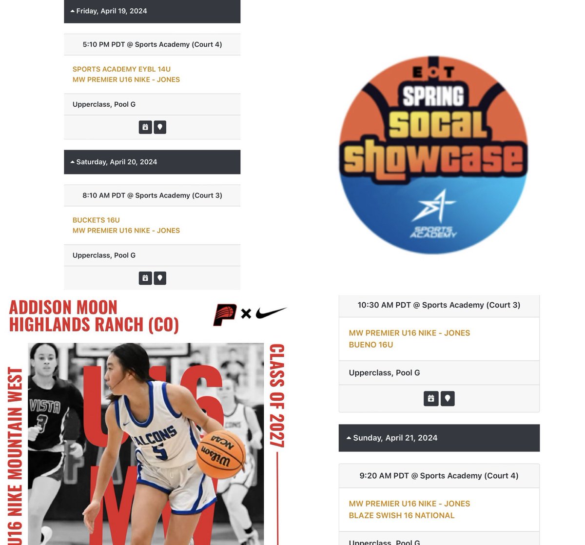 Here is my schedule for this weekend’s EOT Spring SoCal Showcase in Thousand Oaks, CA. Excited to get back on the court with my U16 Mountain West Premier Nike team! @MtnWestPremier @girlsbballco @ColoradoPremier @PGHColorado @jenn_dynis