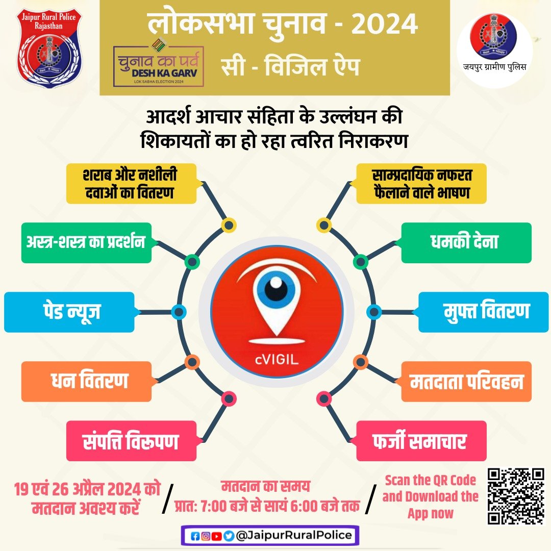 आदर्श आचार संहिता (MCC) के उल्लंघन की रिपोर्ट के लिए cVISIL App को प्रयोग में लाएं। @CeoRajasthan @PoliceRajasthan #LokSabha2024 #ChunavKaParv  #DeshKaGarv #Eci #GeneralElections2024 #Elections2024 #LS2024