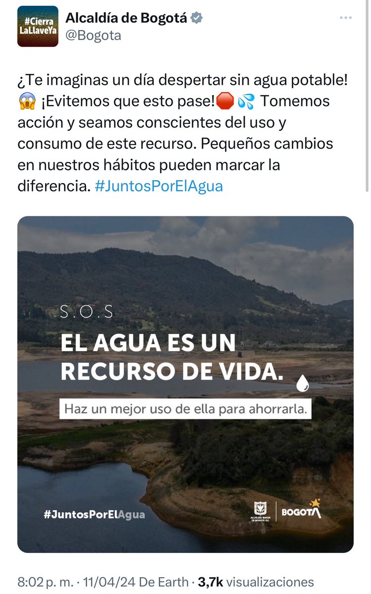 Alcalde @CarlosFGalan incongruente no atender la jornada pedagógica del gobierno nacional para ahorrar agua, mientras hace un llamado a la unidad de la ciudadanía por una causa común, al ahorro del agua y energía frente a la escasez de los próximos meses, a no bañarse o hacerlo…