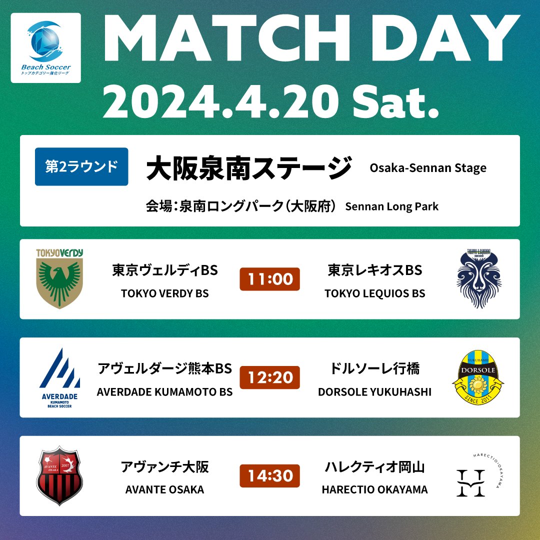 bstop_league's tweet photo. 明日いよいよ、トップカテゴリー強化リーグ第２ラウンドが、大阪府泉南市の泉南ロングパークにて開催されます！

ぜひ、現地やライブ配信にてご視聴ください👍

🗓：4月20日(土)
🏖：泉南ロングパーク（大阪府）

●対戦カード・ライブ配信URL
大阪泉南ステージ　第２ラウンド
ーーーーー
2024年4月20日(土)
ーーーーー
【11:00】東京ヴェルディBS vs 東京レキオスBS
https://t.co/dMvvFJTACi

【12:20】アヴェルダージ熊本BS vs ドルソーレ行橋
https://t.co/a52n7MZtiE

【14:30】アヴァンチ大阪 vs ハレクティオ岡山
https://t.co/D8qcAuhdXM

●試合結果・速報
試合結果・速報は、下記URLよりご覧いただけます。

ゴールノートクラウド
1次ラウンド
https://t.co/WysBf1ra91

●Beach Soccerトップカテゴリー強化リーグ 公式SNS

公式SNSでは、各試合の速報や、会場の様子などを随時お届けしていきます！
ぜひ、フォローしてくださいね👍

Twitter：https://t.co/3g5oJjpBTO
Instagram：https://t.co/mdZQ8ypCd4
Facebook：https://t.co/4l4gq4anry

#ビーチサッカー #beachsoccer
#ビーチサッカーファミリー
#beachsoccerfamily

#トップカテゴリー
#強化リーグ
#トップカテゴリー強化リーグ
#BSリーグ
#BS強化リーグ
#サッカー　
#フットサル
#2024シーズン
