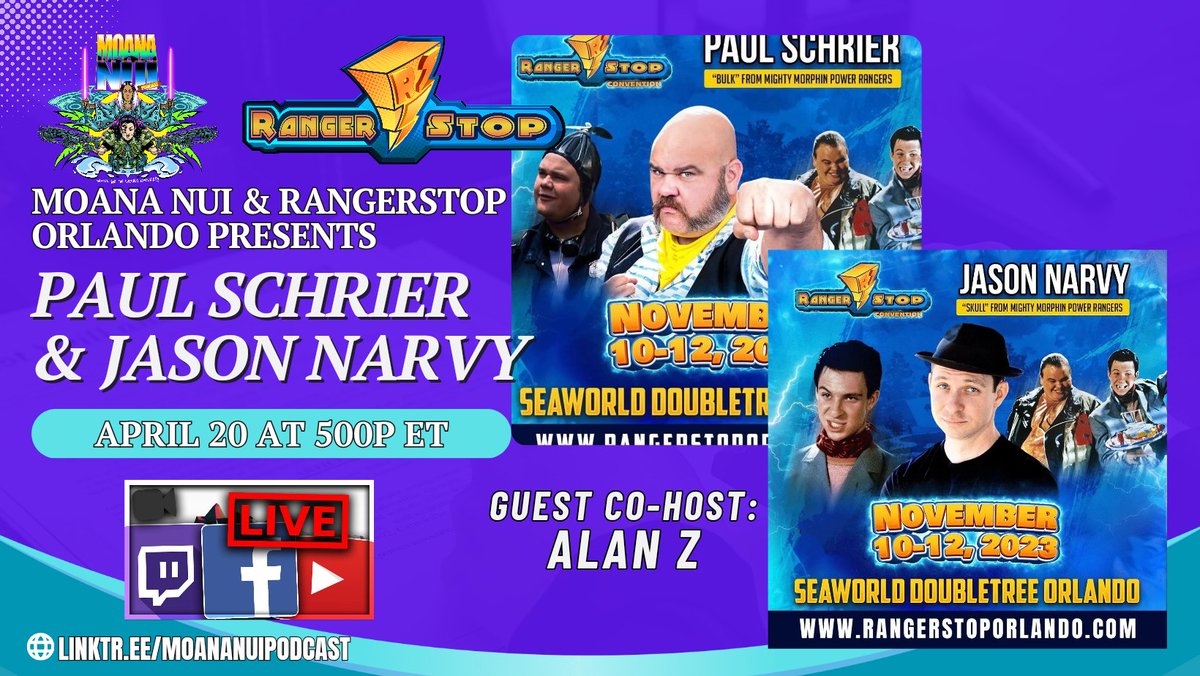 Tune in LIVE on Apr 20 at 5P ET to learn more about Paul Schrier & Jason Narvy on: • facebook.com/events/1711902… • twitch.tv/moananuipodcast • youtube.com/watch?v=qG8T89… • x.com/moananuipodcast #MoanaNuiPodcast #RangerstopConvention #RSO #RSO2023 #Bulk #Skull #Actor