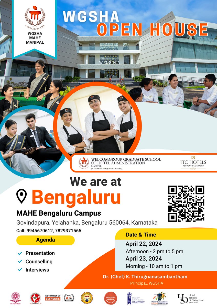 WGSHA Representatives visiting #Bengaluru on April 22 - 23, 2024 at Manipal Academy of Higher Education (MAHE), Bengaluru Campus, Govindapura, Yelahanka, Bengaluru.
Register - forms.gle/yqkzvxah5Dzguf…
Contact - 9945670612, 7829371565, 9964073262
#admissiontour #wgsha #mahemanipal