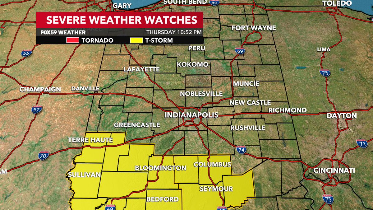 New Severe T-Storm WARNING for Monroe and Lawrence Counties until 11:45 PM. This is for 60 MPH wind gusts. The Severe T-Storm WATCH was extended East, now including Bartholomew, Brown, Jackson and Jennings Counties. #INwx @FOX59 ⛈️