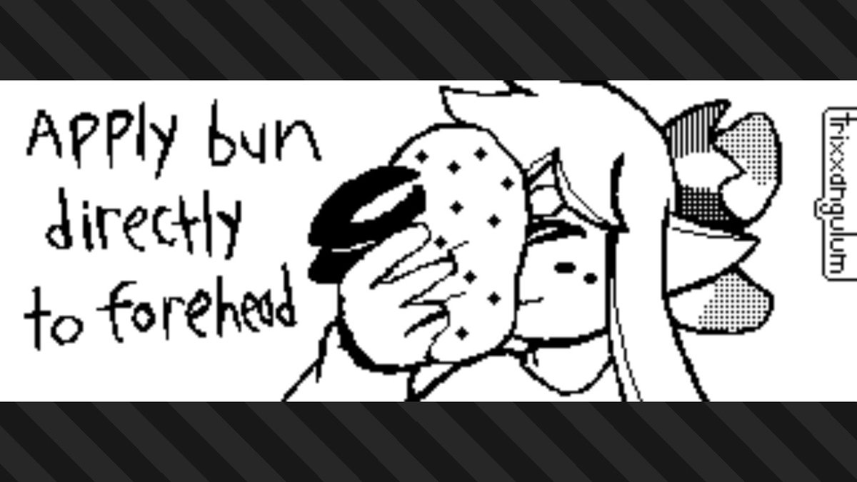 trixxangulum's tweet photo. Bun-On: Apply bun directly to forehead
 #Splatoon3 #NintendoSwitch #splatfest https://t.co/L46np9J74L