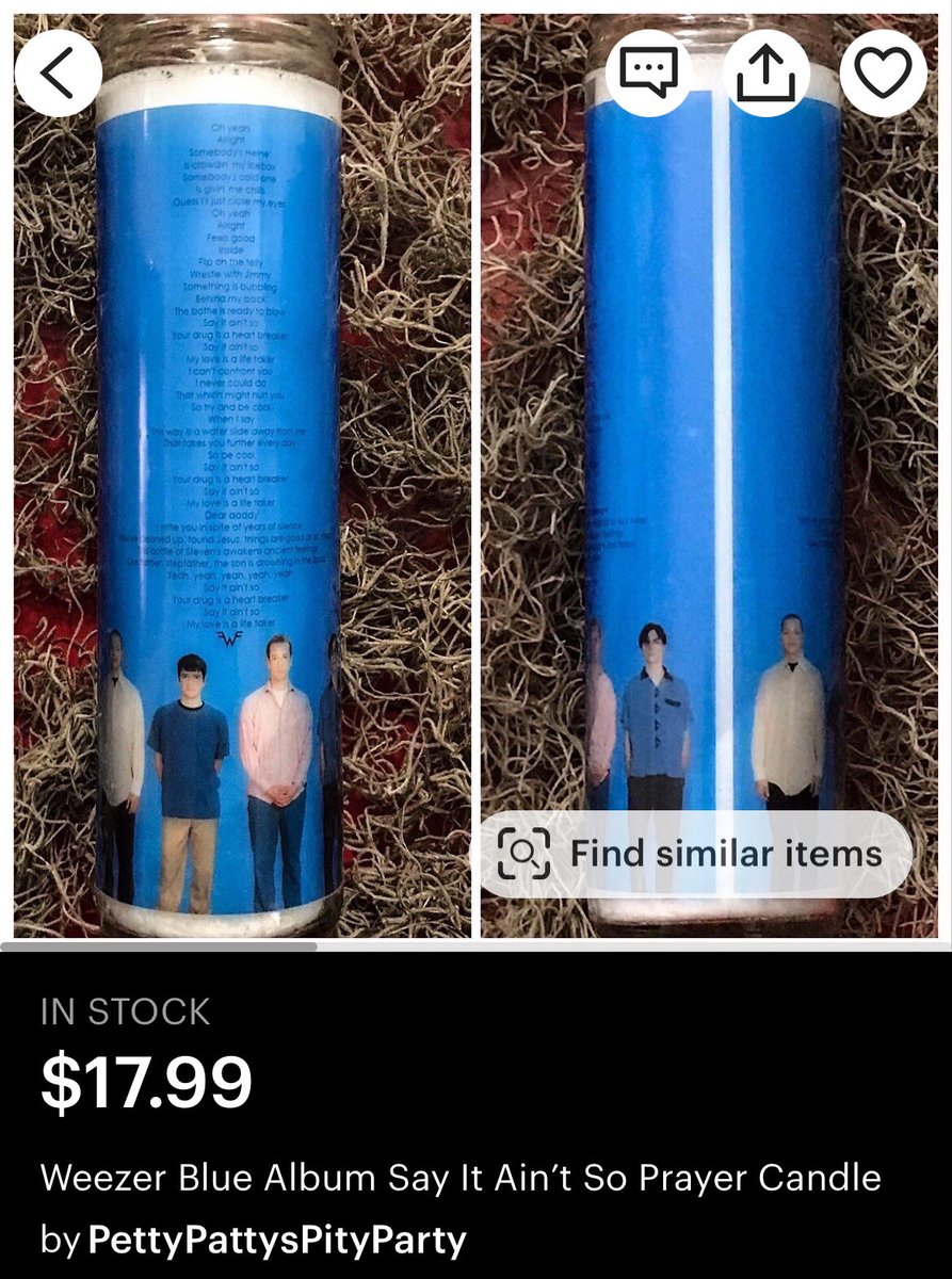 Lobelia__VT's tweet photo. I am looking at weezer merch on Etsy and I just said “weezer water bottle���? NO!! WEEZER PRAYER CANDLE!!!” 
GUYS THERES A WEEZER PRAYER CANDLE!!!!!! LAWN CHAIR MOMENT FRFR OMGGGG https://t.co/yrNRhClH0N