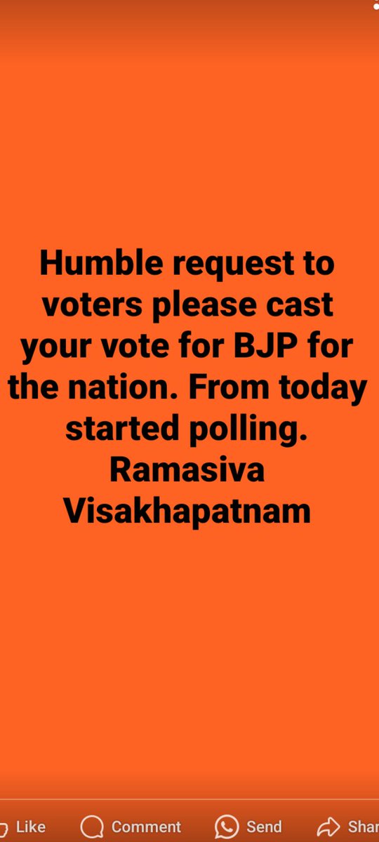 Dear Indian voters, I am requesting you to support BJP led NDA to unite Bharat, continuous growth, peaceful life moreover to keep our identity in the universe.
Ramasiva Visakhapatnam