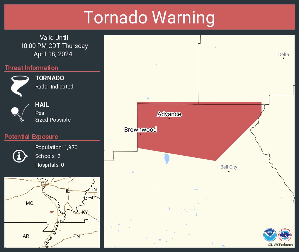 Tornado Warning continues for Advance MO and Brownwood MO until 10:00 PM CDT