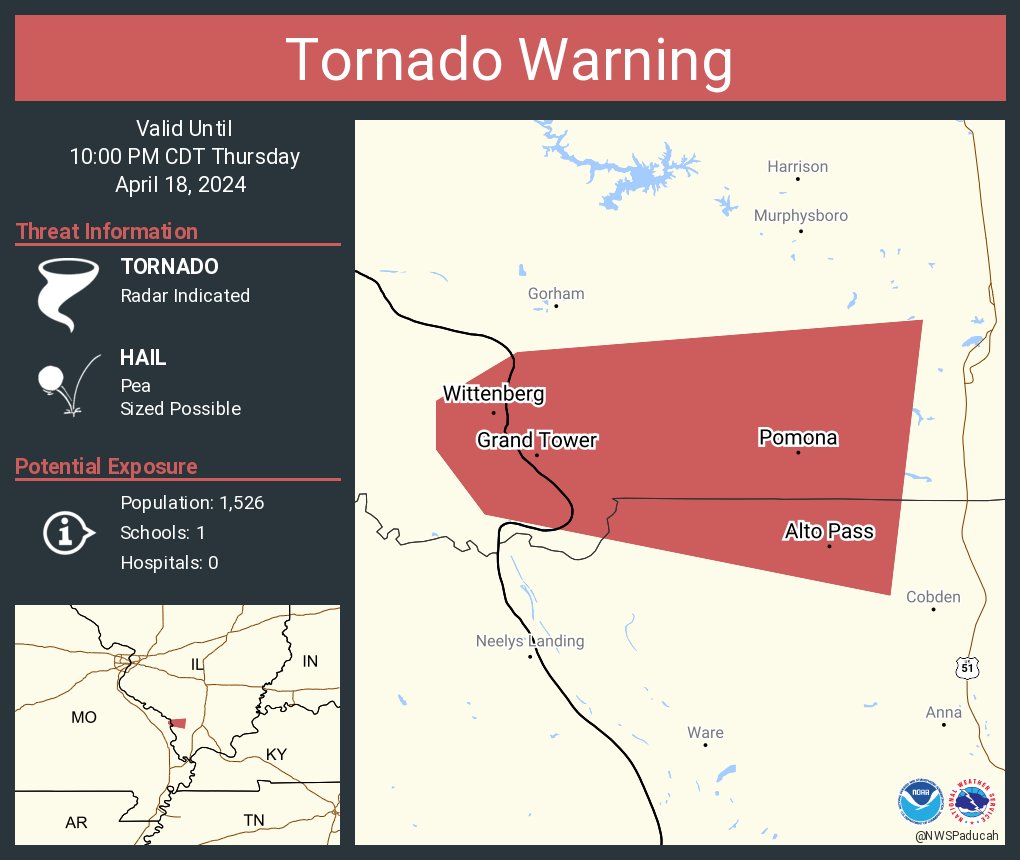 Tornado Warning continues for Grand Tower IL, Alto Pass IL and Pomona IL until 10:00 PM CDT