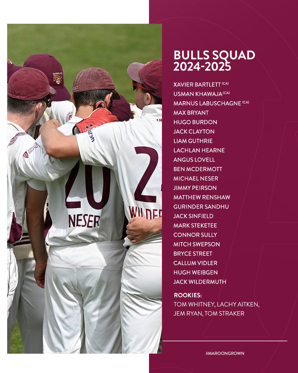 Official Contract list for the 2024-25 Season✍️ 🇦🇺 Bartlett, Khawaja, Labuschagne 🆕 Lachlan Hearne, Callum Vidler, Lachy Aitken, Jem Ryan, #MaroonGrown Read More 👉 bit.ly/2024_25BullsCo… #MaroonGrown