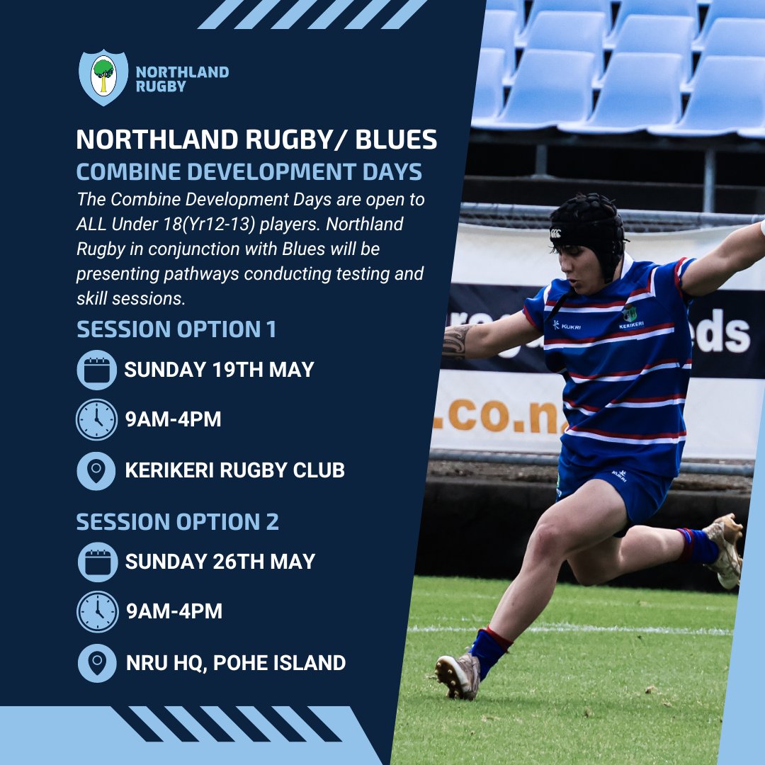 Northland Rugby in conjunction with Blues will be presenting pathways conducting testing and skill sessions at the upcoming Combine Development Days. The Combine Development Days are open to ALL Under 18(Yr12-13) players. Register here 👉 bit.ly/3W7bw0o