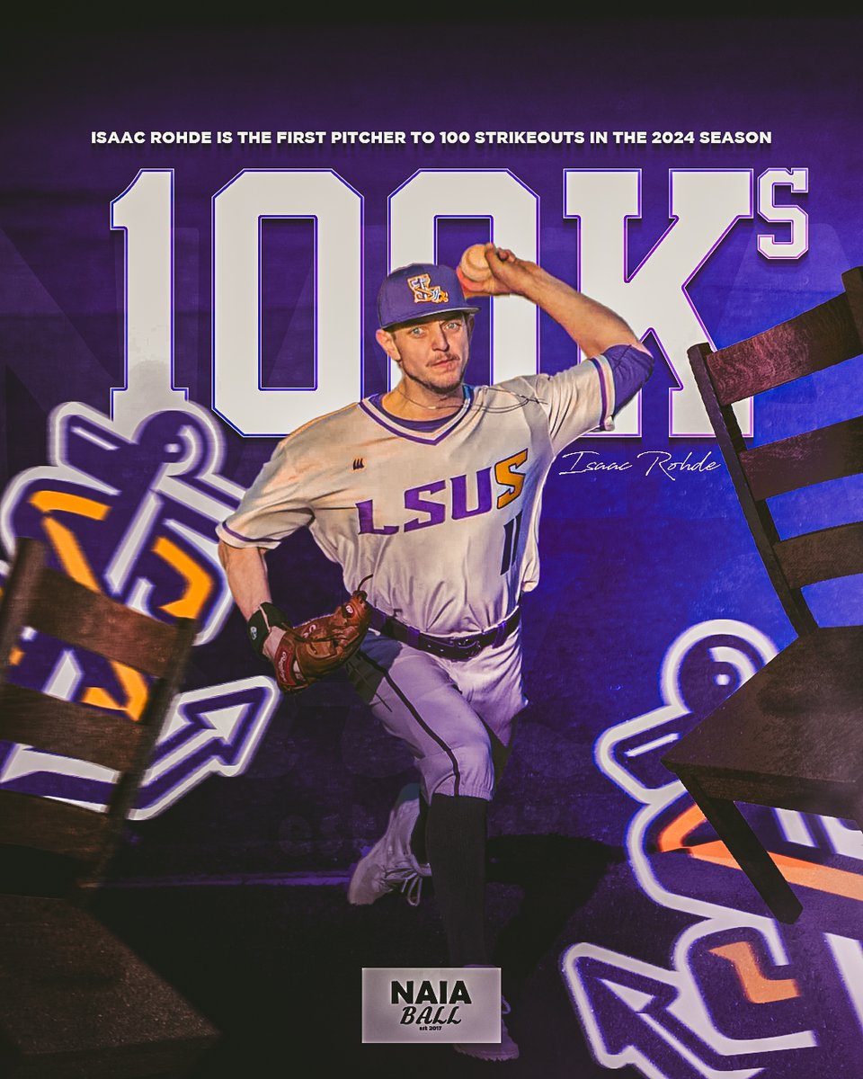 🚨🪑 SIT DOWN! 🪑🚨 LSU Shreveports Isaac Rohde is the first pitcher to 100 strikeouts in the 2024 season! Isaac Rohde 2024 Season 13 GS, 9-1, 81.1 IP, 1.33 ERA, 101Ks, 13BBs, 11.18 K/9 #NAIABall @LSUS_Athletics @LSUS_Baseball @Isaaclefty